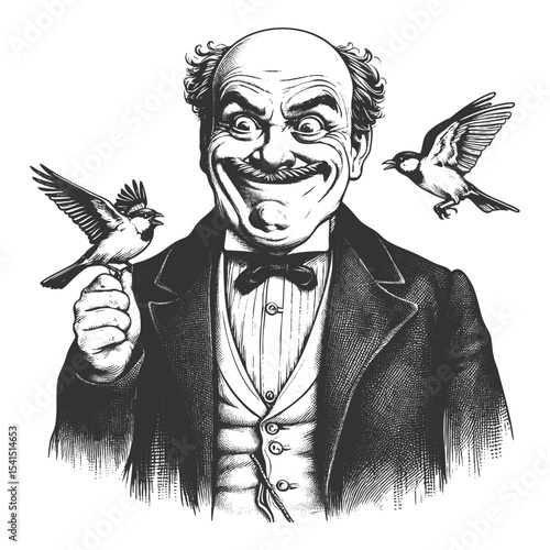 Funny smiling Victorian man holding a bird, with another bird flying nearby in playful motion sketch engraving generative ai fictional character vector illustration. Scratch board. Black and white.