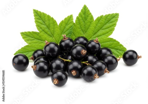Pile of fresh blackcurrants with green leaves on a white background