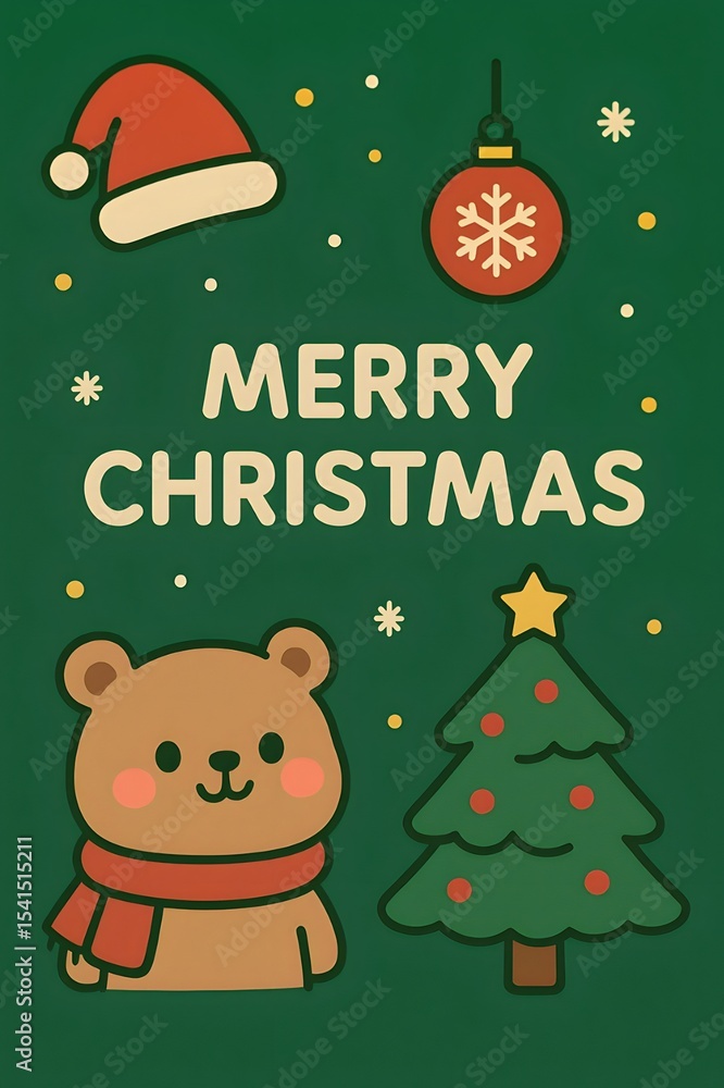 Fototapeta premium Festive Bear Christmas Card: A heartwarming Christmas card featuring a cheerful bear, a festive ornament, and a cozy Santa hat.