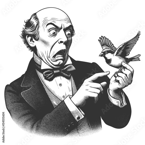 Funny surprised Victorian gentleman reacting dramatically to a bird taking flight from his hand sketch engraving generative ai fictional character vector illustration. Scratch board. Black and white.