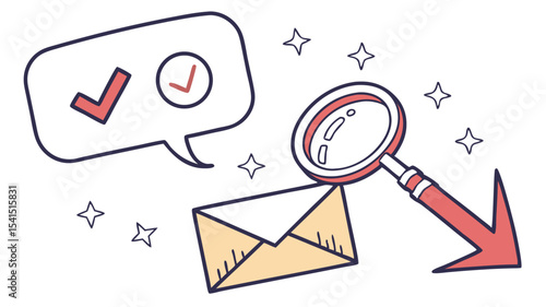 An envelope with a magnifying glass and arrow pointing down with checkmarks and stars around it