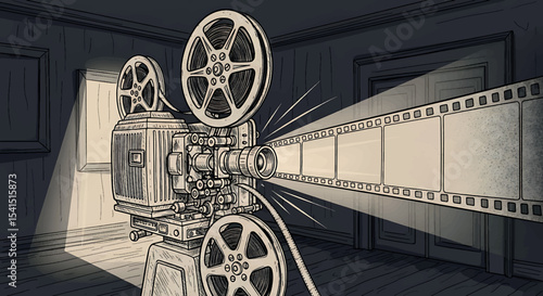 Hand Drawn Vintage Film Projector - Retro Cinema Vector Sketch