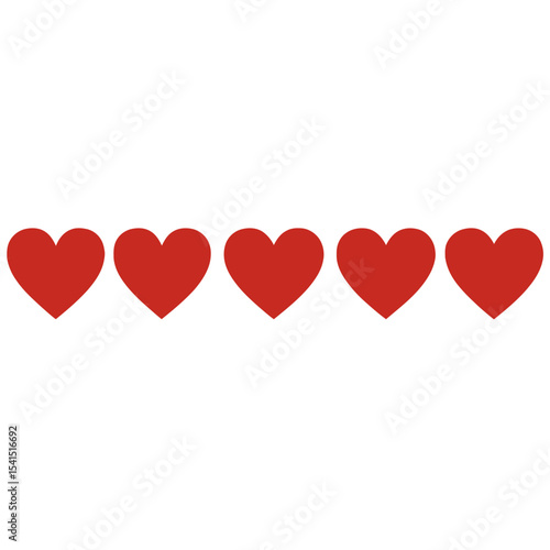 Five red hearts in a row icon – flat love rating symbol design, representing romance, Valentine's Day, emotion, passion, and customer review feedback.
