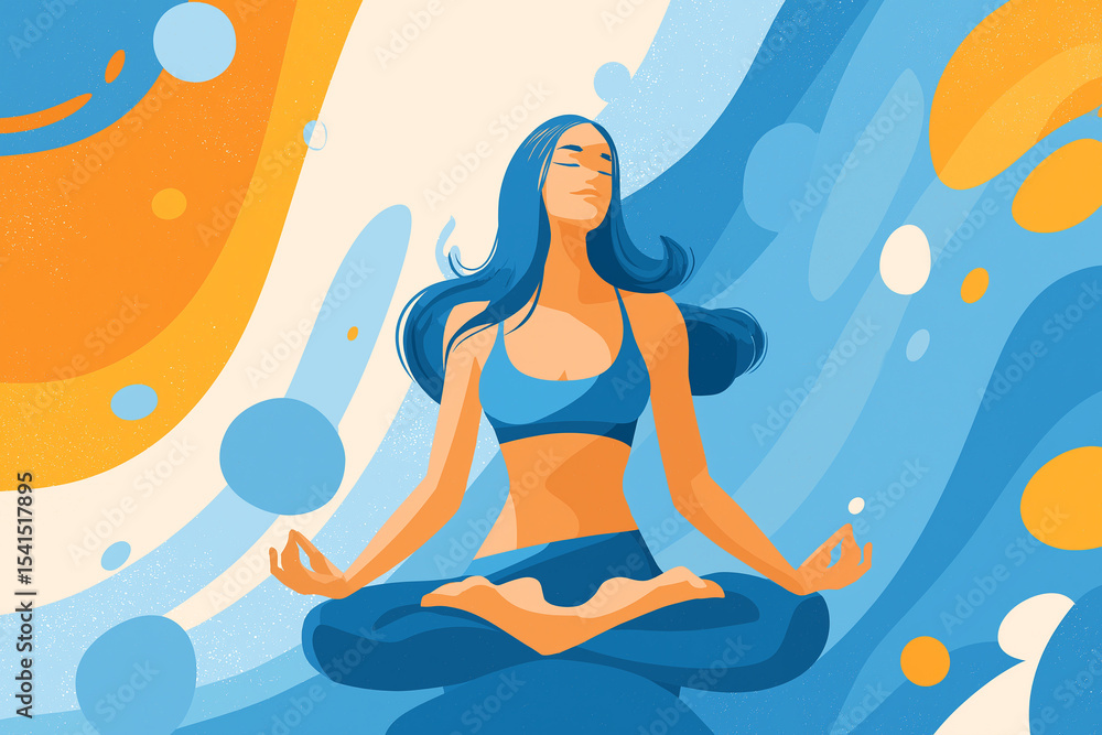 A woman meditates in a lotus position, eyes closed peacefully. She is dressed in blue athletic wear and sits against a colorful abstract background of blues and oranges.
A woman meditates in a lotus position, eyes closed peacefully. She is dressed in blue athletic wear and sits against a colorful abstract background of blues and oranges.