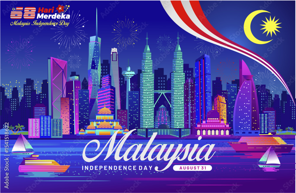 Fototapeta premium 68th years Malaysia Independence Day 2025 concept design with beautiful night panorama of Kuala Lumpur city skyline. Isolated Kuala Lumpur Malaysia landmarks, architecture, cityscape, skyline. 