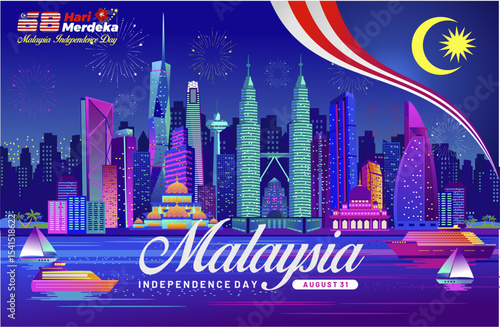 68th years Malaysia Independence Day 2025 concept  design with beautiful night panorama of Kuala Lumpur city skyline. Isolated Kuala Lumpur Malaysia landmarks, architecture, cityscape, skyline. 