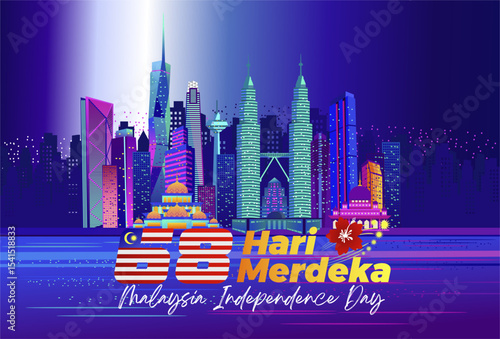 68th years Malaysia Hari Merdeka or Independence Day 2025 background with colorful night view of Kuala Lumpur skyline. Isolated Kuala Lumpur iconic landmarks in colorful modern design. 