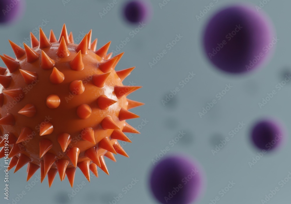 Close up of orange spiky virus cell with purple cells in the background Close up of orange spiky virus cell with purple cells in the background