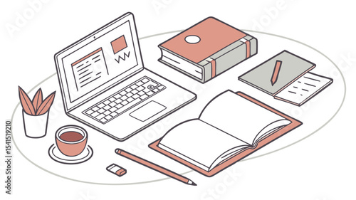 Isometric view of a desk setup with a laptop, books, a cup of coffee, and office supplies in a workspace