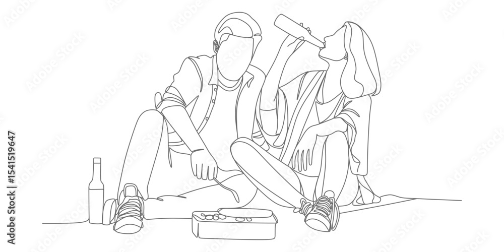 Couple Enjoying Wine Picnic – Minimalist Continuous‑Line Vector Illustration Couple Enjoying Wine Picnic – Minimalist Continuous‑Line Vector Illustration