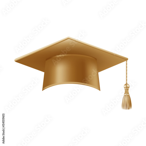 Realistic gold graduate cap. 3D Graduation Doctoral hat.