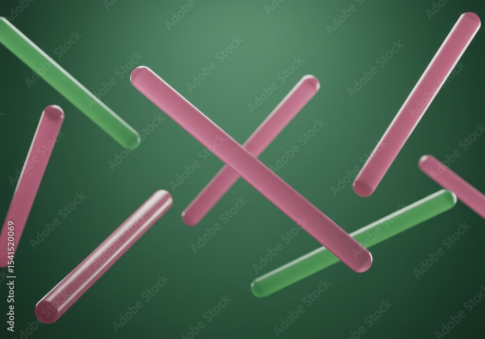 Pink and green cylinders float against a dark green background creating an abstract composition Pink and green cylinders float against a dark green background creating an abstract composition
