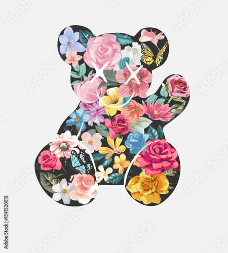 colorful flowers in bear doll shape vector illustration