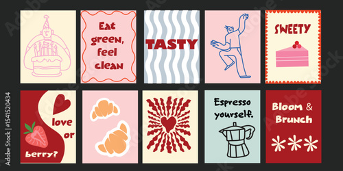 Cartoon 90s Summer bistro banner set with aesthetic designs combining floral illustrations and sweet messages. Perfect for lifestyle branding, cafes, or eco markets.

