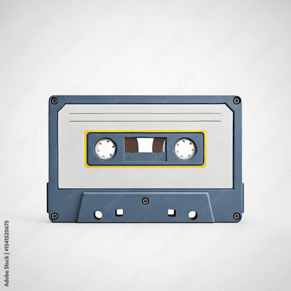Obraz premium A gray and blue vintage audio cassette tape, isolated on a plain white background.