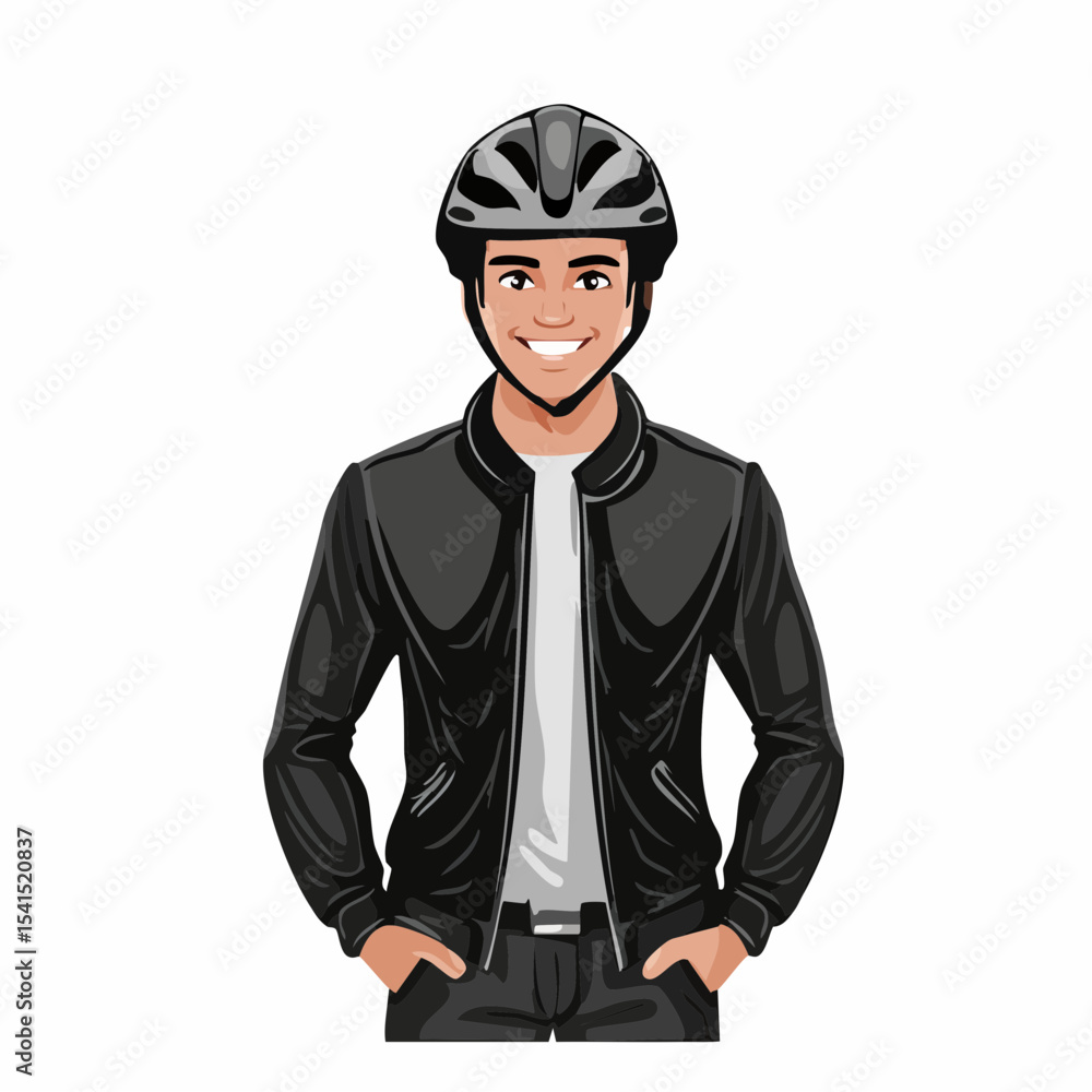 Man in Black Jacket and Black Helmet Standing Image vector isolated on white background Man in Black Jacket and Black Helmet Standing Image vector isolated on white background