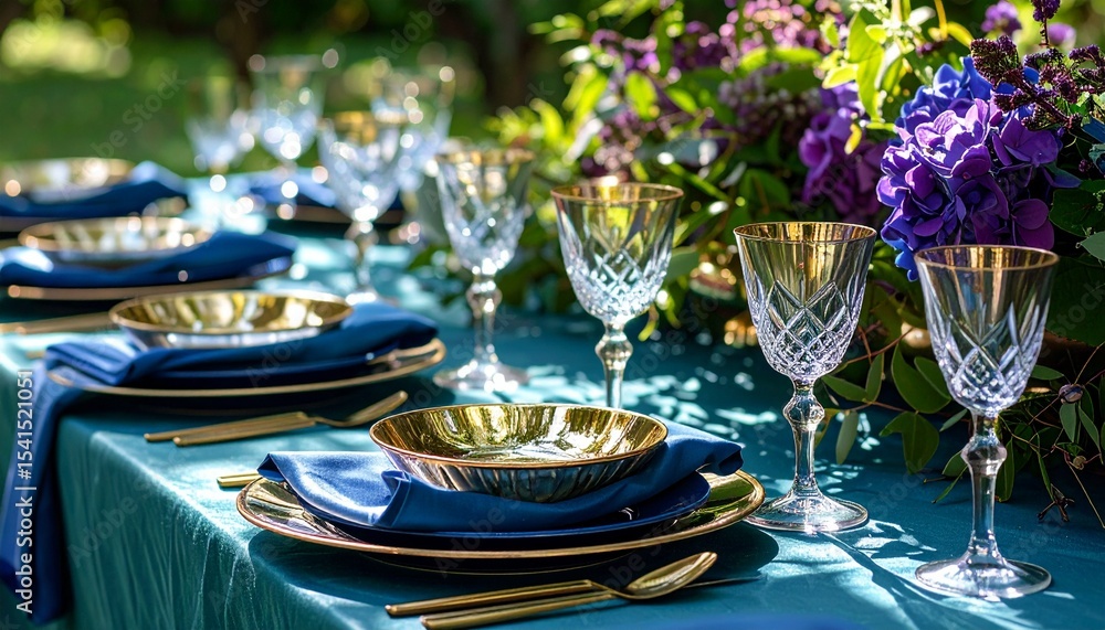 Fototapeta premium A richly styled tabletop with garnet crystal bowls, topaz linens, and lush violet foliage under diffused morning light. 