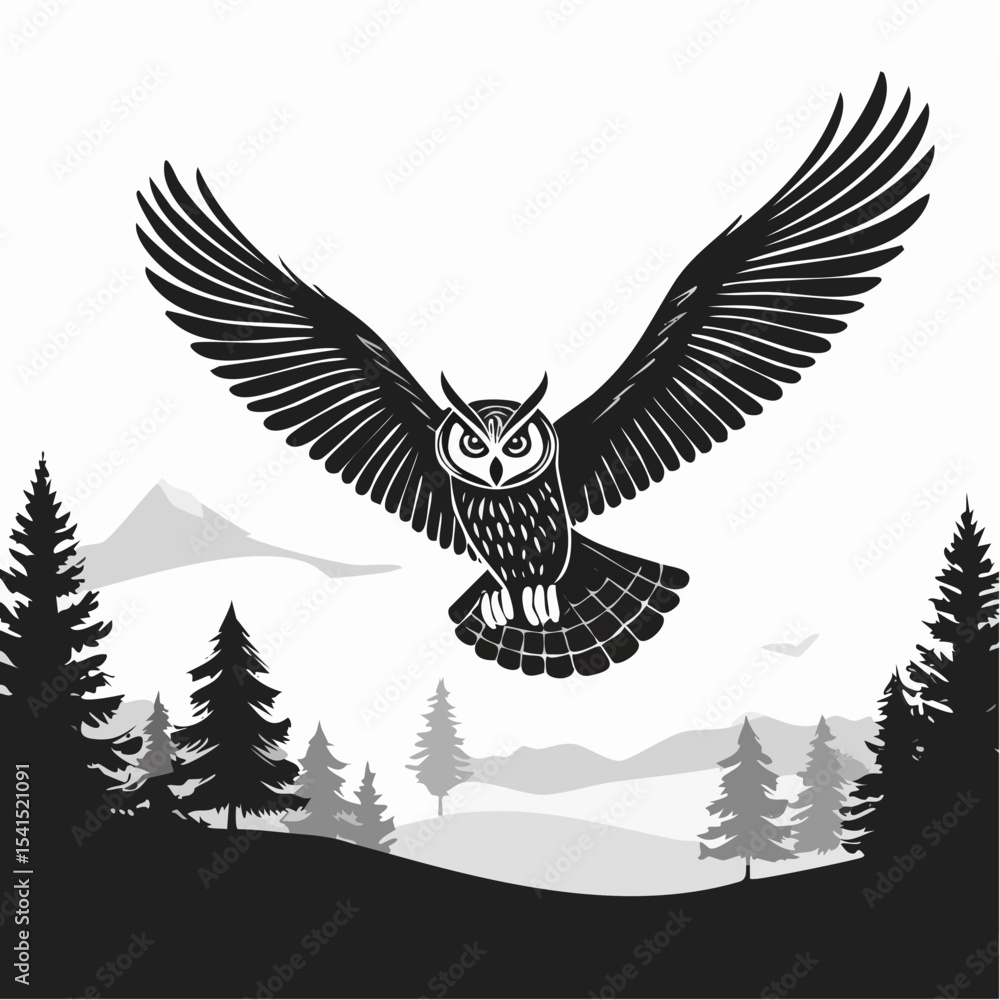 Obraz premium A majestic Owl soaring over a lush forest landscape image vector.