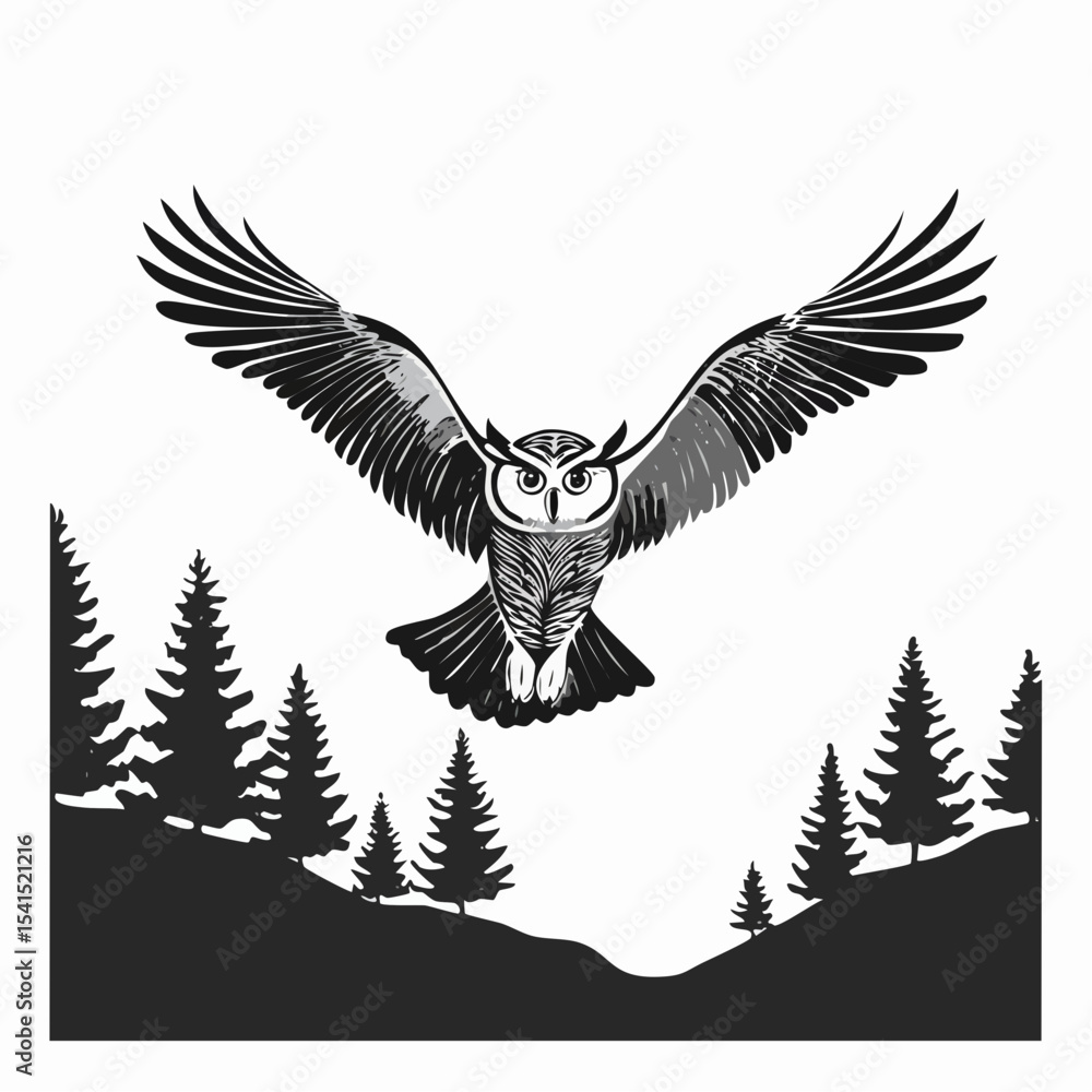 Obraz premium A majestic Owl soaring over a lush forest landscape image vector.