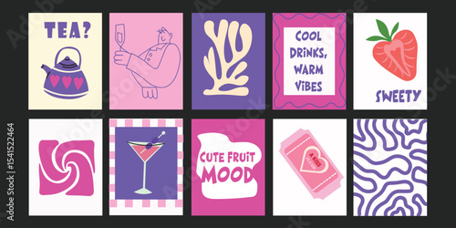 Cool Creative and fun set of banners with short summer phrases about flowers, cakes, desserts, and sunshine – perfect for bakery ads or sweet shop branding.

