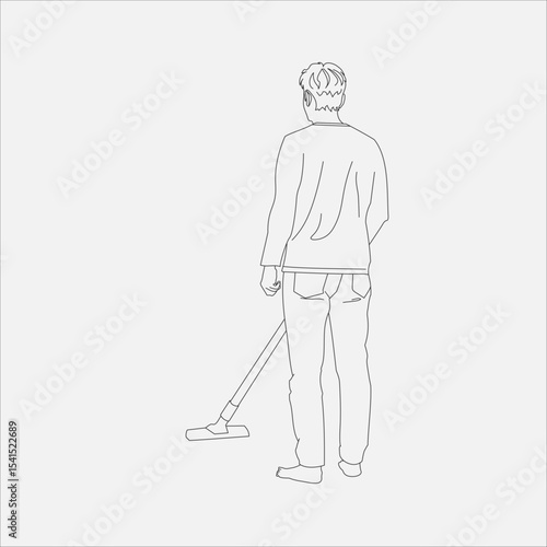 家の床をコードレス掃除機で掃除をしている若い男性　後ろ姿の線画イラスト