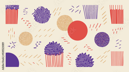 Abstract shapes interact energetically in vibrant illustration on beige backdrop