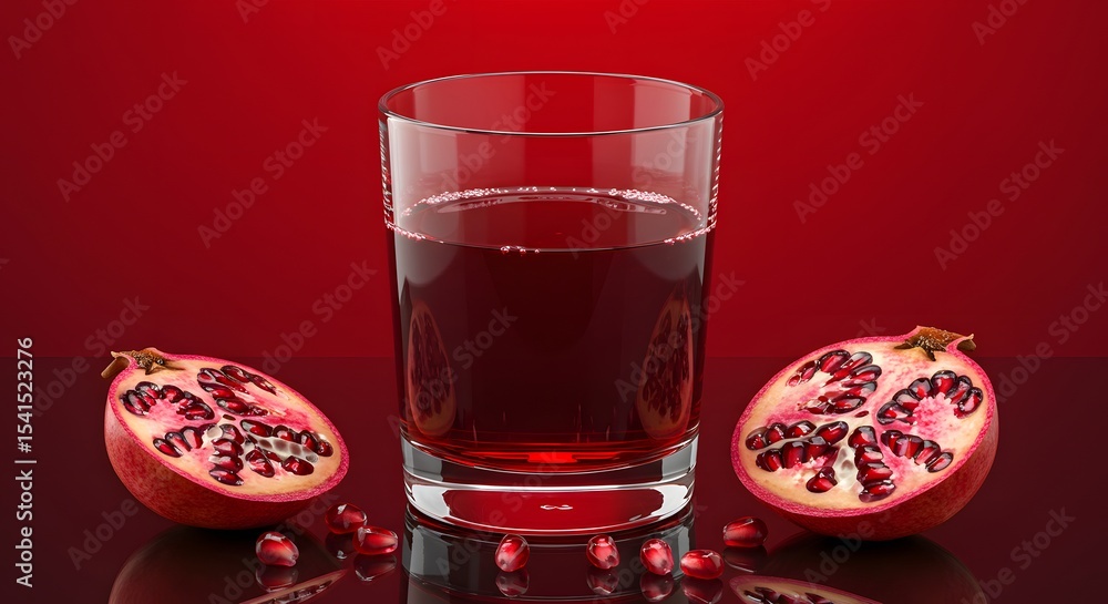 Fresh Pomegranate Juice in Glass with Fruit Halves and Seeds - Healthy Drink Concept Fresh Pomegranate Juice in Glass with Fruit Halves and Seeds - Healthy Drink Concept
