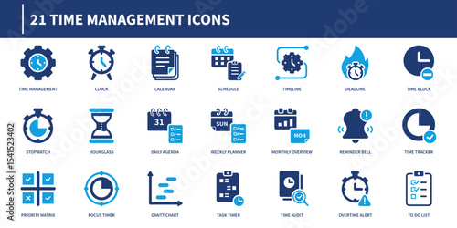 Time management icon collection in modern solid style featuring clock, calendar, alarm, stopwatch, planning, deadline, hourglass, schedule, and reminder