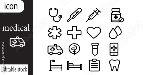   A collection of medical icons featuring common healthcare symbols in a simple black and white design styleicon, vector, set, health, collection, medical, 