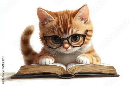 Curious cat reading a book while wearing glasses