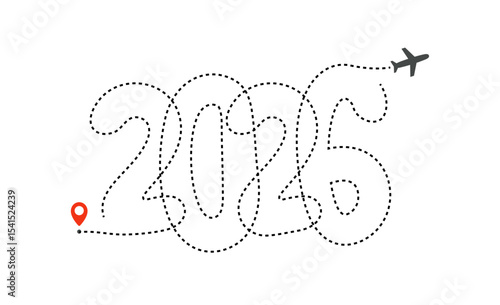 Travel Destination Path With Airplane Drawing 2026 In Flight Line. Perfect For Tourism Projects, Trip Concepts, Journey Planning, And Flight Booking Promotions. Vector Illustration.