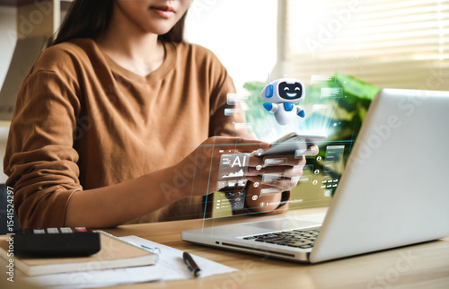 Hand drawn icons. People using laptops with AI assistants for graphic design, translation, chatbots, visualization, coding, and advertising.