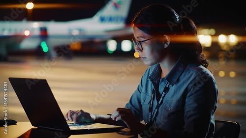 Female Aviation Engineer Working on Laptop Near Airplane at Night
