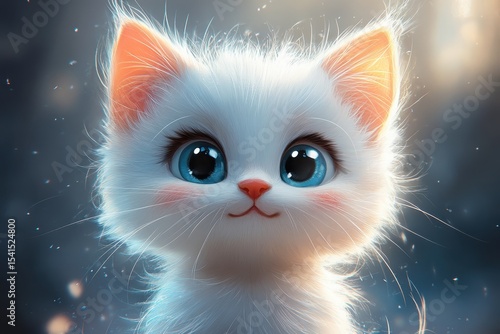 Charming fluffy kitten with big expressive blue eyes in a dreamy background