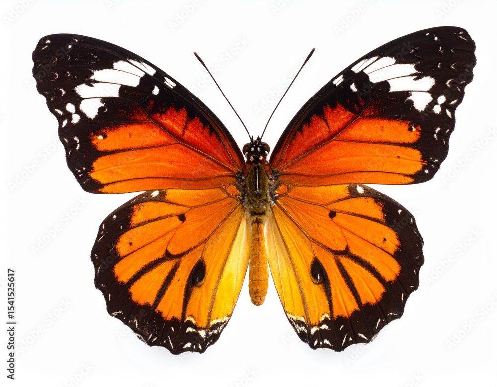 Fototapeta premium Colored butterfly close view over white background, no shadow