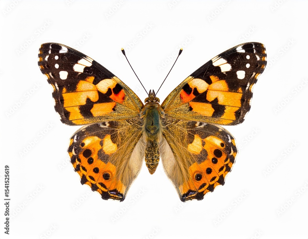 Obraz premium Colored butterfly close view over white background, no shadow