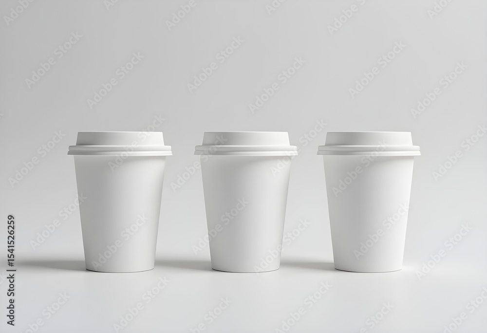 Minimalist White Disposable Coffee Cups in a Row on White Background Minimalist White Disposable Coffee Cups in a Row on White Background