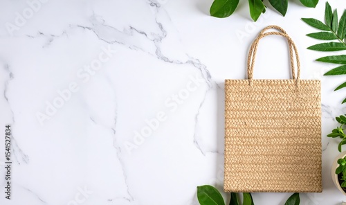 Beige Woven Tote Bag with nature plants on marble Background with copy space