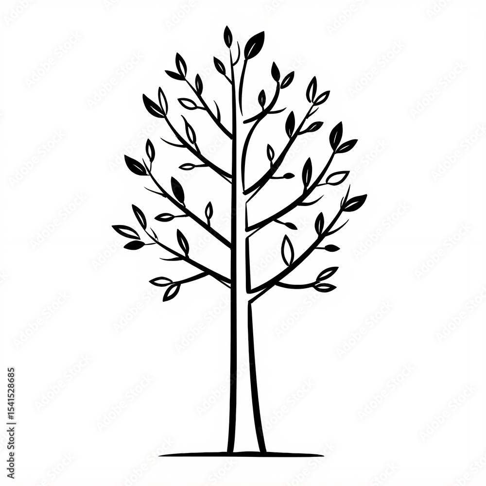 A simple black and white line drawing of a tall, slender tree with sparse leaves, emphasizing clean geometric shapes and minimal detail. A simple black and white line drawing of a tall, slender tree with sparse leaves, emphasizing clean geometric shapes and minimal detail.