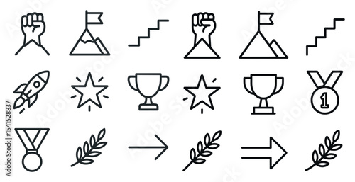 Achievement and success icons set – outline, linear, goal and trophy symbols