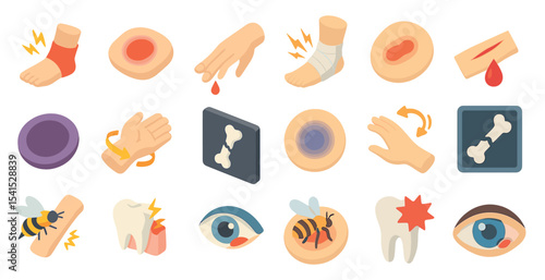Medical and injury isometric icons set – health, care, safety symbols