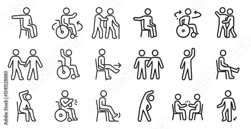 Accessibility and health outline icons set – linear, wheelchair, fitness symbols