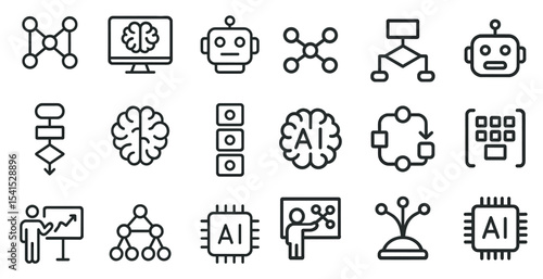 Artificial intelligence outline icons set – linear, tech, digital transformation symbols