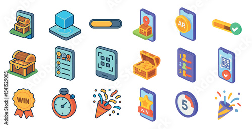 Game elements isometric icons set – 3d, rewards, achievements symbols