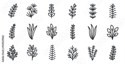 Nature and botany outline icons set – linear, plant, foliage symbols