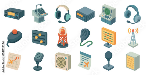 Radio communication isometric icons set – 3d, broadcast, telecommunication symbols