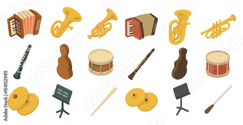 Musical instruments isometric icons set – brass, percussion, orchestral symbols