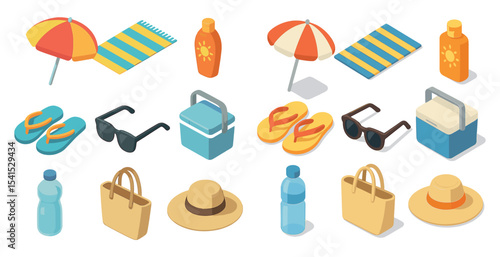 Summer vacation isometric icons set – travel, holiday, beach essentials graphics
