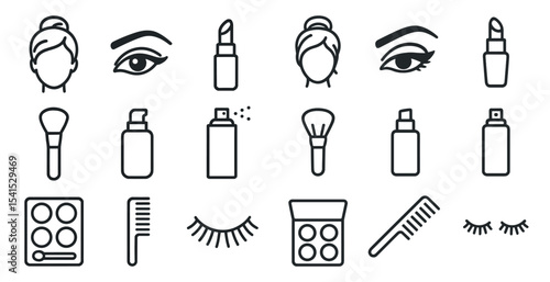 Beauty and makeup outline icons set – skincare, cosmetics, grooming essentials