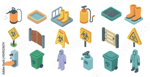 Biohazard and safety isometric icons set – 3d, warning, protection signs